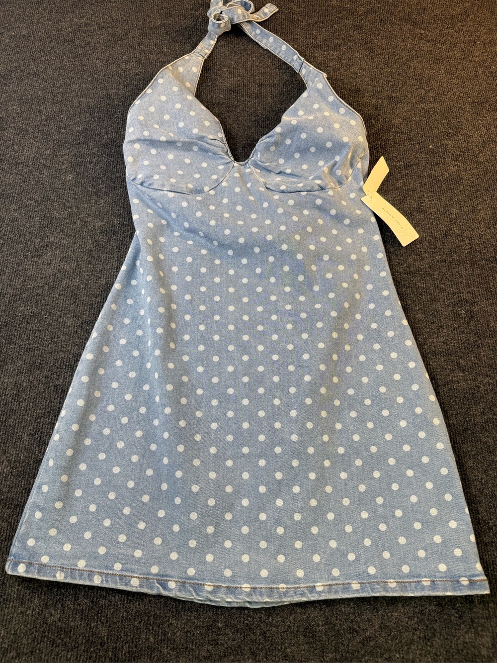 Polka Dot Halter A-Line Dress in Light Blue denim stretch Alter State